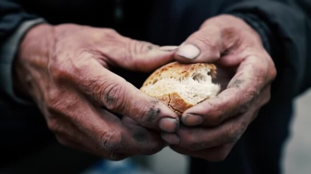 Hands clutching bread in the city, symbolizing hunger and strength