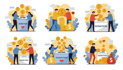 Fototapeta premium Charitable Donations and Money Giving Vector Illustration Set