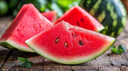 Fresh watermelon slices on a rustic wooden surface