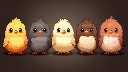 Obraz premium Adorable pixelated avian friends in vibrant hues line up against a subdued backdrop creating an engaging visual harmony and character exploration