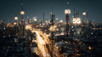 Fototapeta premium City at night, illuminated by 5G cell towers. Urban highway, blurred city lights, network infrastructure