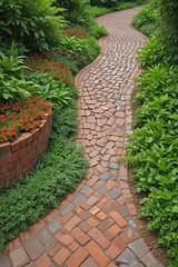 Obraz premium A curving brick path edged with lush green plants , summer, pathway, spring