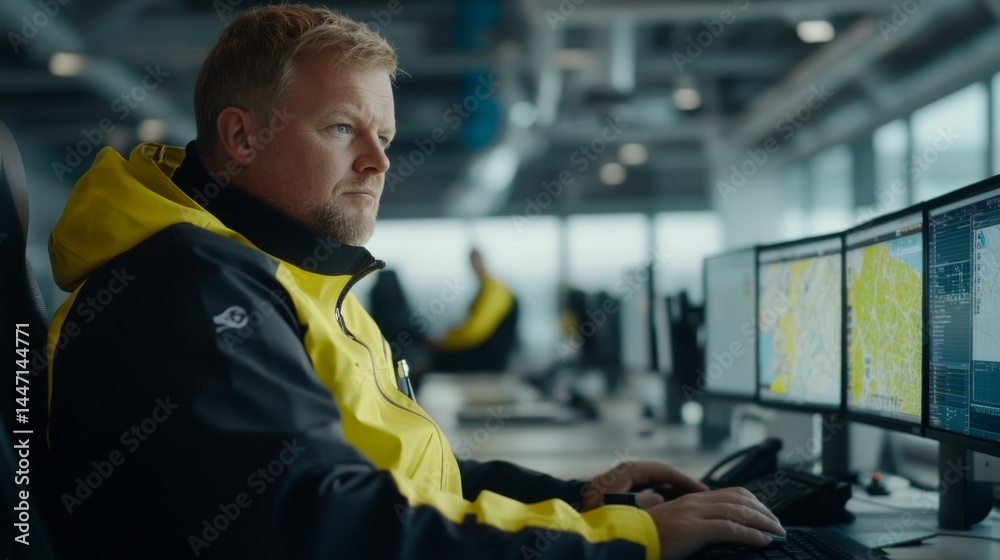 Aufkleber Focused man studying geographic information on multiple computer screens in a well-lit office, utilizing digital tools and analyzing maps for strategic insights