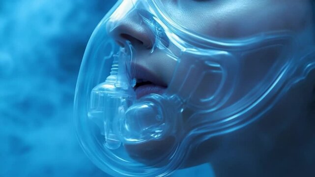 Cryogenic Sleep: A close-up of a person's face partially obscured by a transparent cryogenic mask, set against a hazy blue backdrop, evokes a sense of futuristic suspension and mystery.