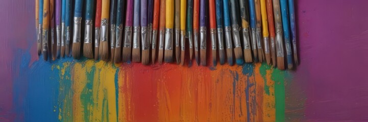 Obraz premium Assorted paintbrushes in jar; colorful streaks mark workspace surface, art supplies, paintbrushes, messy