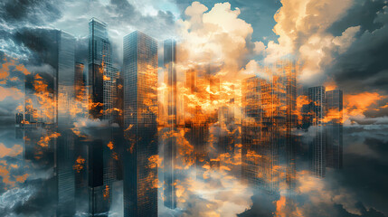 Surreal urban landscape with cloud and reflection of skyscrapers featuring fire and construction in a dreamlike atmosphere. [Dream Architectures] | Echo Chambers | resonant halls. Illustration