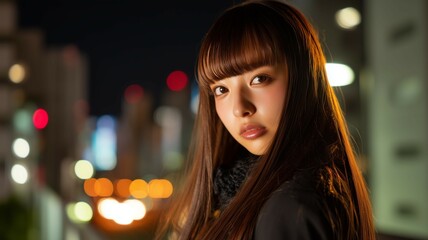 街の背景と美女のポートレート