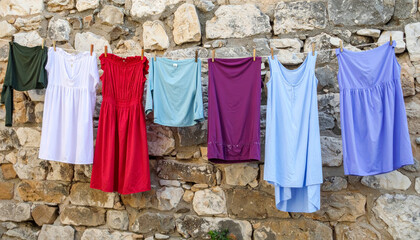 Colorful dresses hanging on clothesline against rustic stone wall create vibrant and cheerful scene. variety of styles and colors adds playful touch to outdoor setting