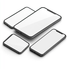 Modern smartphones in various sizes, showcasing blank screens