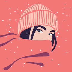 A face of a young woman wrapped in a large scarf on the background of a snowfall in a knitted hat. Christmas and New Year. Flat vector illustration