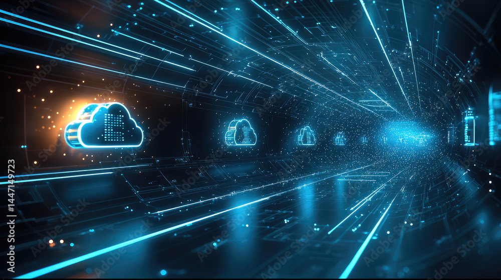 Poster Futuristic cloud computing digital data tunnel glowing blue neon lights high tech network abstract technology innovation virtual storage cyber security seamless connectivity