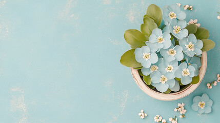 beautiful sky blue blooming spring flowers in a plant pot with green leaves copy space and text space background 