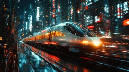 Fototapeta premium Futuristic High-Speed Train Racing Through Neon City at Night