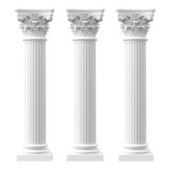 Stylish white pillars with intricate designs stand isolated against a bright background, columns pillars isolated on Transparent background