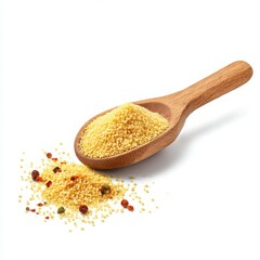 Couscous in spoon with spices on white background