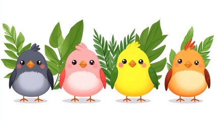 Fototapeta premium Charming avian ensemble a digital illustration featuring four uniquely colored birds amidst verdant foliage a whimsical nature themed creation for diverse applications