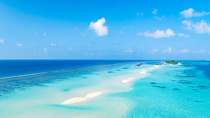 Aerial view with Tropical sandbar in maldives paradise  and blue sea. Maldivian sandbank in Indian ocean