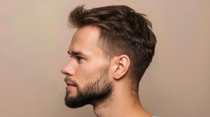 Fototapeta premium A young man with a well-groomed beard and modern hairstyle poses in profile against a beige background, exuding confidence and style. 
