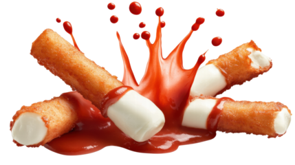Delicious Fried Churros Dipped in Sweet Red Sauce with Splash Effect on Transparent Background