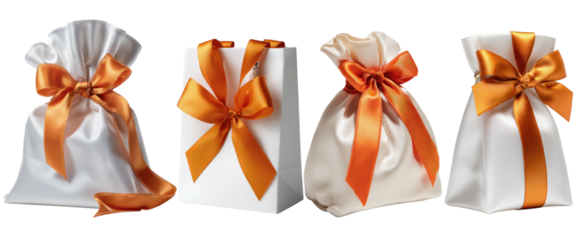 Four White Gift Bags With Orange Ribbon Bows isolated on a transparent background