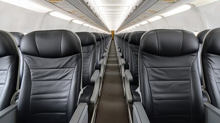 Obraz premium The aircraft interior features neatly arranged black leather seats, offering a clear perspective on business and economy class travel comfort.
