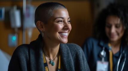 Fototapeta premium Happy Latina woman with short hair smiling in hospital setting