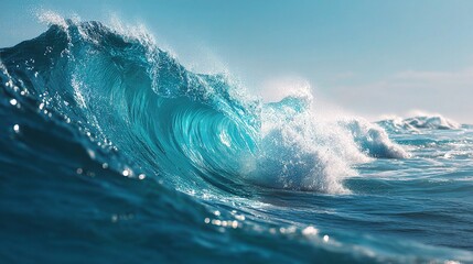 Sparkling Blue Waves Curling under the Pacific Ocean Light