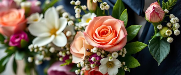 Fototapeta premium Delicate floral arrangements, close-up view of wedding boutonnieres and corsages, pastel, event