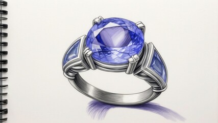 Blue Sapphire Ring Sketch Silver Setting Colored Pencil