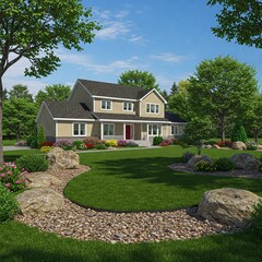Suburban two-story house with beige siding, dark roof, and a red door. Landscaped yard featuring grass, flowers, shrubs, rocks and trees.
