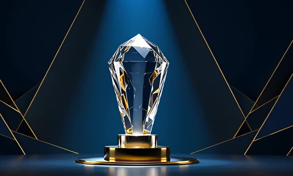 Crystal trophy atop gold stand. Blue backdrop, gold details, focused spotlight