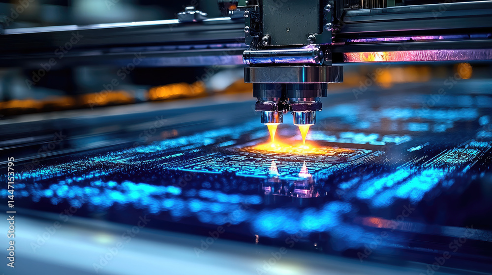 Aufkleber Hightech textile printing machine with glowing lights creates intricate digital patterns on fabric, showcasing advanced technology and precision in modern industrial setting