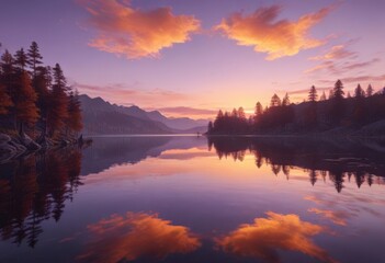 Fototapeta premium Mirror-like lake reflects a breathtaking sunset, a symphony of orange and purple , orange, clouds, breathtaking