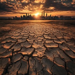 Dry Cracked Earth with City Skyline at Sunset