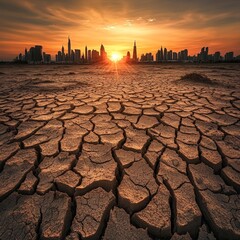 Urban Drought Landscape with Cracked Earth and City Skyline at Sunset