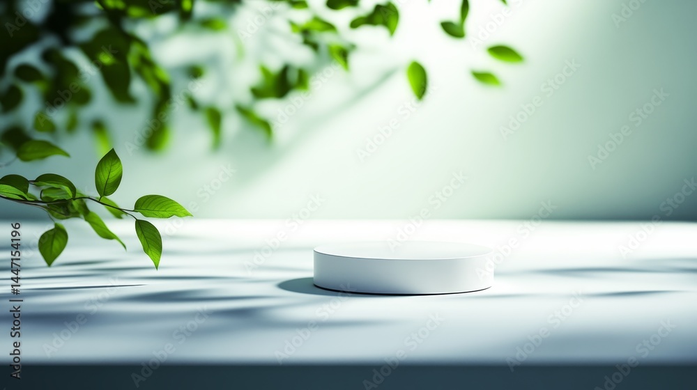 Poster Abstract white stone podium cast in soft shadows from surrounding leaves creates a calm and elegant atmosphere with ample space for design elements
