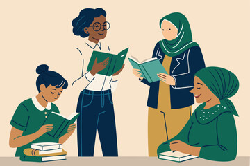 Create a vibrant vector illustration of diverse educators and librarians from various cultural backgrounds, showcasing their collaborative spirit and commitment to literacy.