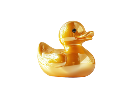 Polished, golden rubber duck, set against a stark black background, displays intricate details in a  setting.