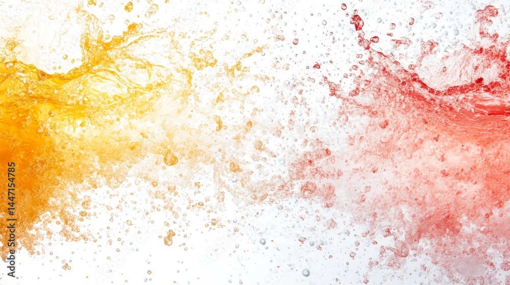 Aufkleber Colorful water splashes in yellow and red are frozen in mid-air against a white background, creating a dynamic and lively atmosphere perfect for creative projects