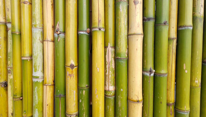 Bamboo stalks create vibrant and natural background, showcasing various shades of green and yellow. This evokes sense of tranquility and connection to nature, perfect for design projects