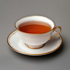 Elegant teacup filled with amber liquid, resting on a matching saucer. Delicate gold trim adorns the porcelain