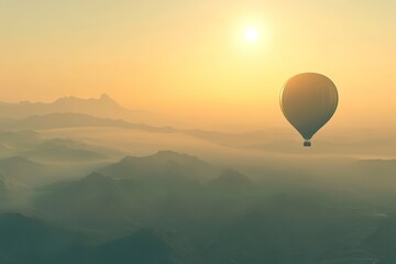 Fototapeta premium A hot air balloon soaring over the misty mountains at sunrise, a beautiful landscape with ample space for text and a travel concept. 