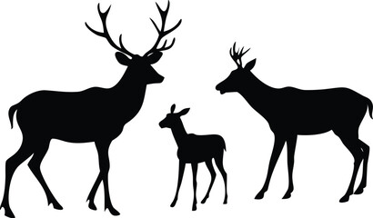 Deer Family Silhouette Illustration — Stag, Doe, Fawn Wildlife Clipart