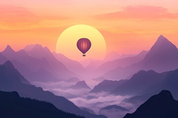 Fototapeta premium A hot air balloon soaring over the misty mountains at sunrise, a beautiful landscape with ample space for text and a travel concept. 