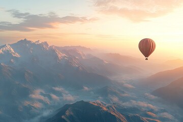 Fototapeta premium A hot air balloon soaring over the misty mountains at sunrise, a beautiful landscape with ample space for text and a travel concept. 