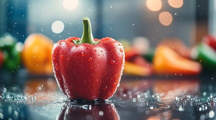 A single fresh red bell pepper sits on a shiny surface, covered in glistening water droplets and surrounded by vibrant, out-of-focus bell peppers