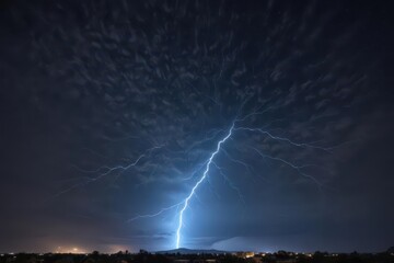 Azure lightning bolt streaks across night sky, intense light, meteorology