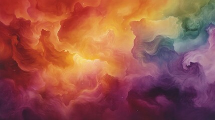 Fototapeta premium Overhead view showcases a vibrant watercolor artwork featuring cosmic themes with swirling nebulae and starbursts in rich psychedelic colors on textured paper