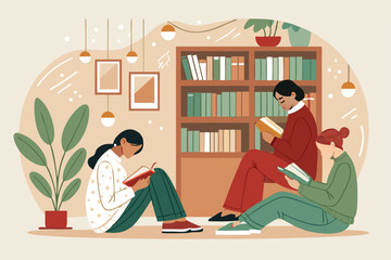 Serene image of diverse individuals engrossed in quiet reading within a sunlit library corner, showcasing a peaceful atmosphere and the joy of literature.