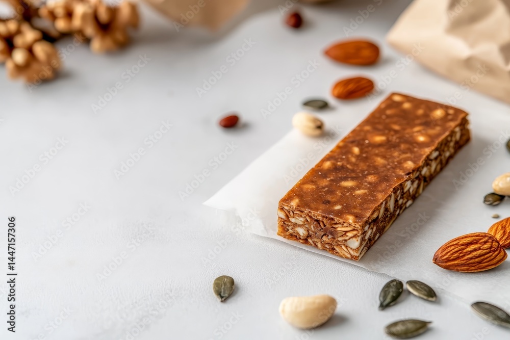 Poster overhead close-up showcases a crispbread surrounded by a variety of seeds and nuts on a white stone 
